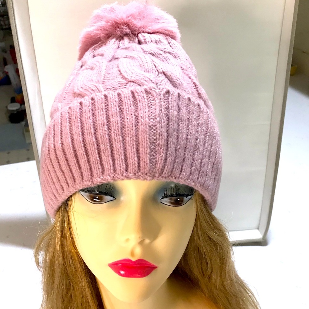 Blush Pink Cable Faux Fur Pom Beanie